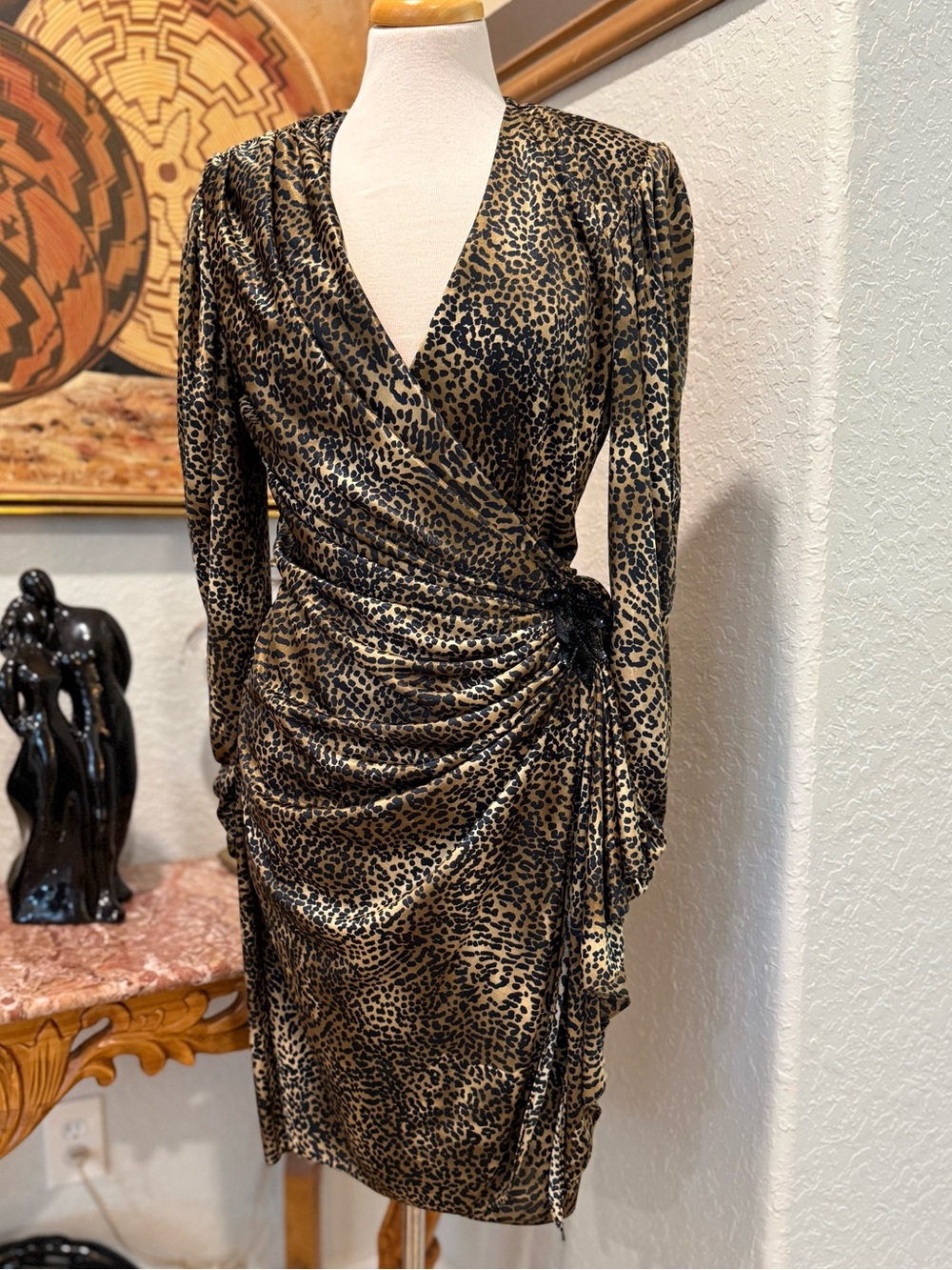 Vintage Filigree Leopard Wrap-Style Long-Sleeve Dress